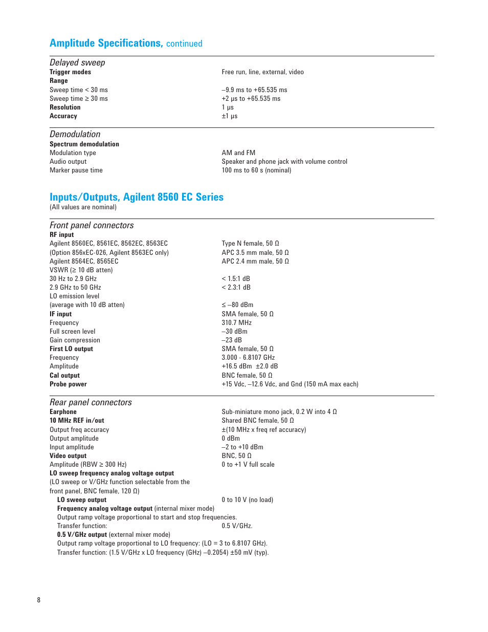 Amplitude specifications, Inputs/outputs, agilent 8560 ec series, Continued delayed sweep | Demodulation, Front panel connectors, Rear panel connectors | Atec Agilent-8560EC-65EC Series User Manual | Page 8 / 12