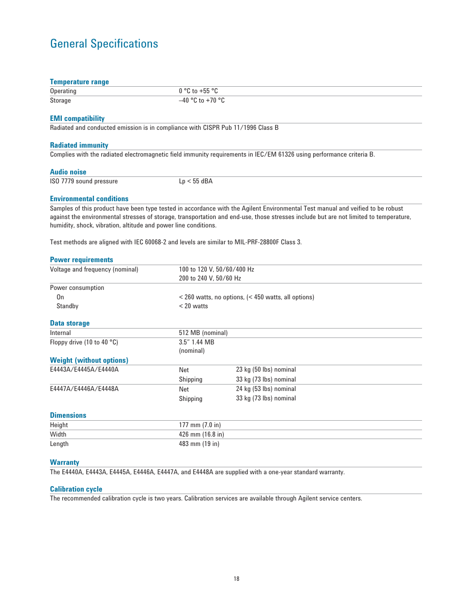 General speciﬁ cations | Atec Agilent-E4443A-45A-40A-47A-46A-48A User Manual | Page 18 / 24