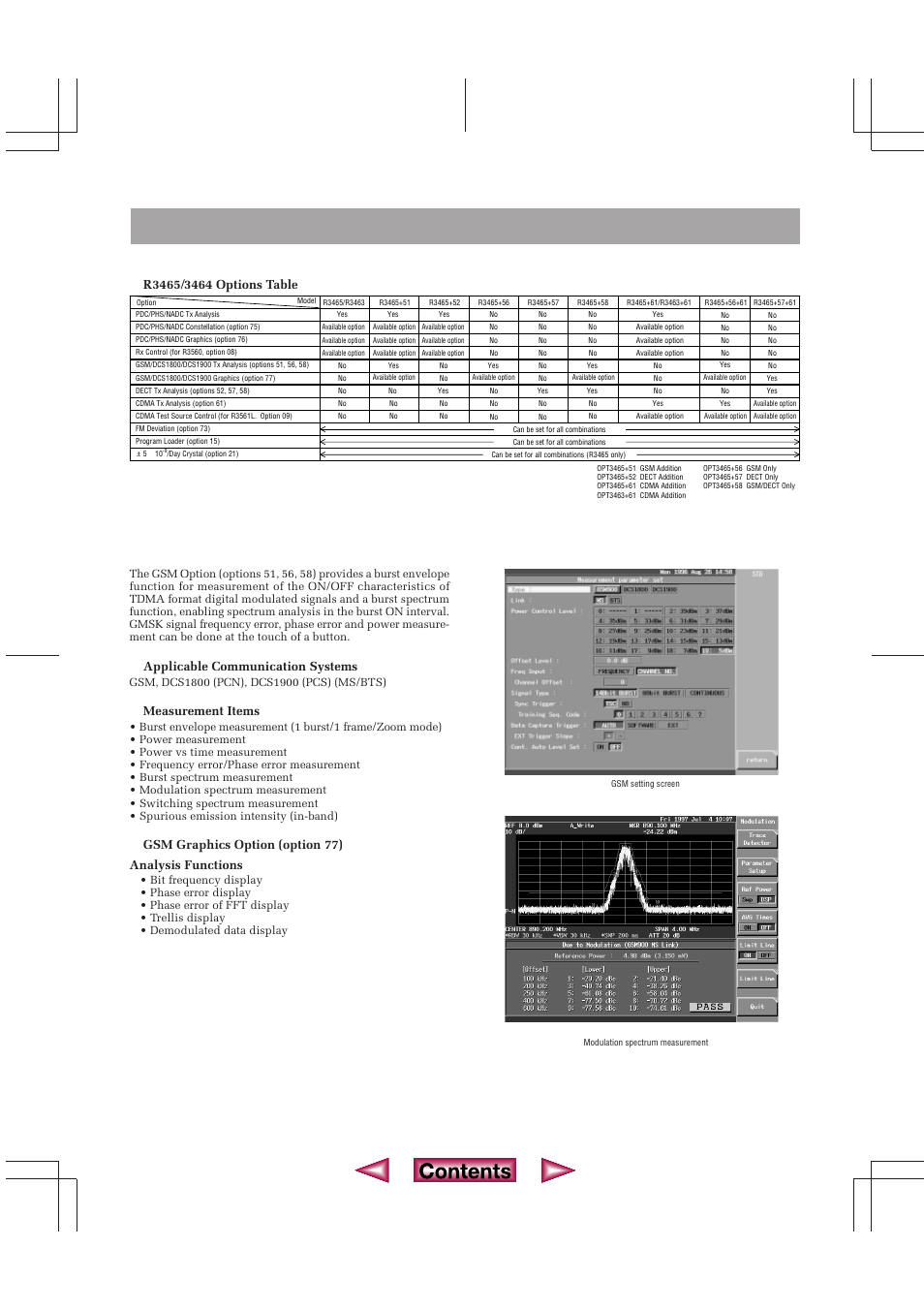 Spectrum analyzers, Measurement for digital mobile communications, Applicable communication systems | Measurement items, Gsm graphics option (option 77) analysis functions | Atec Advantest-R3465 User Manual | Page 3 / 6