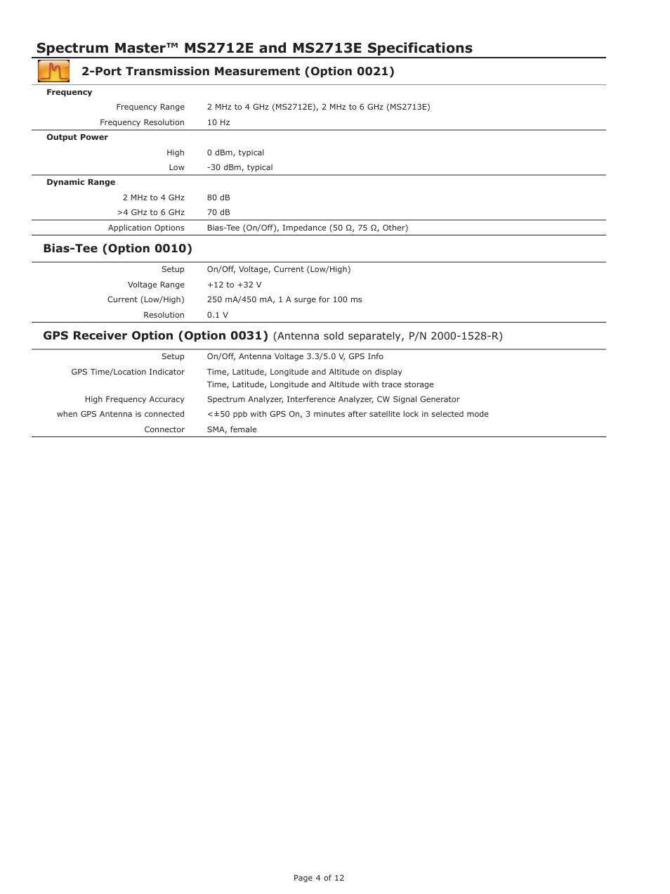 Port transmission measurement (option 0021), Bias-tee (option 0010), Gps receiver option (option 0031) | Atec Anritsu-MS2712E-MS2713E User Manual | Page 4 / 12