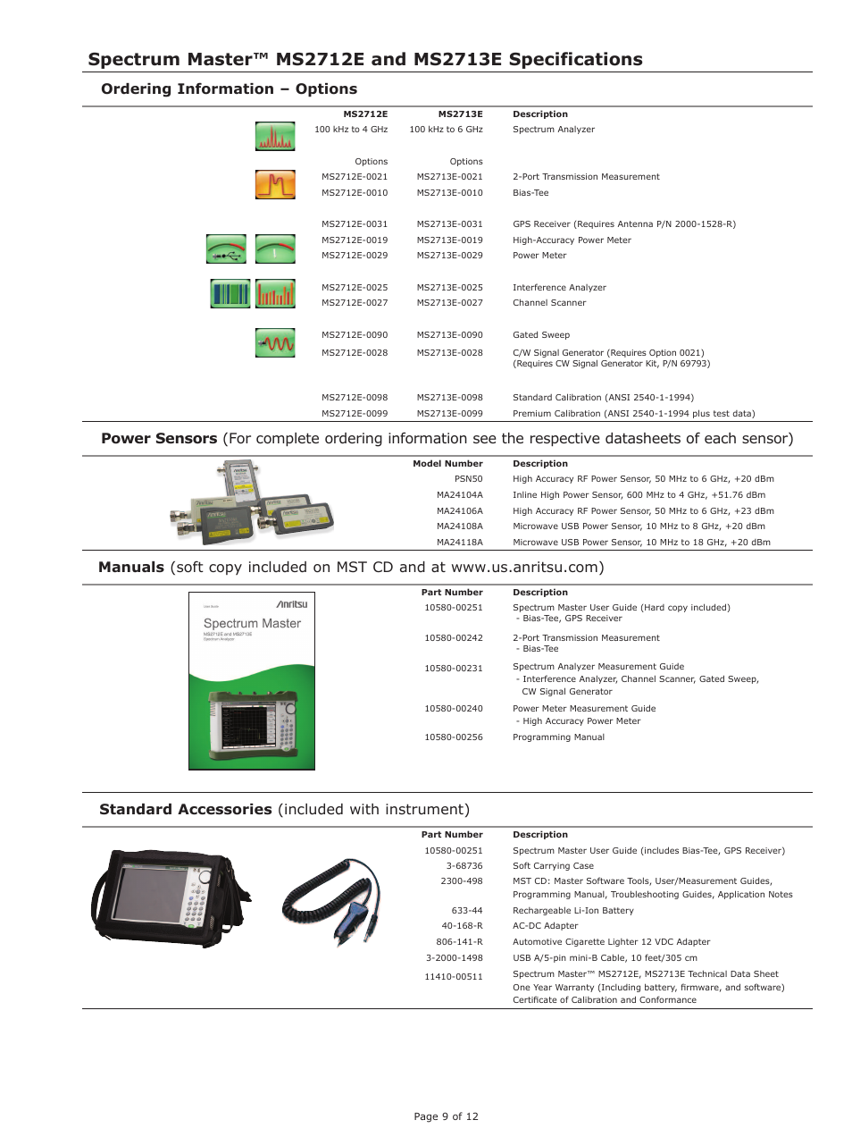 Ordering information – options, Standard accessories (included with instrument) | Atec Anritsu-MS2712E-MS2713E User Manual | Page 9 / 12