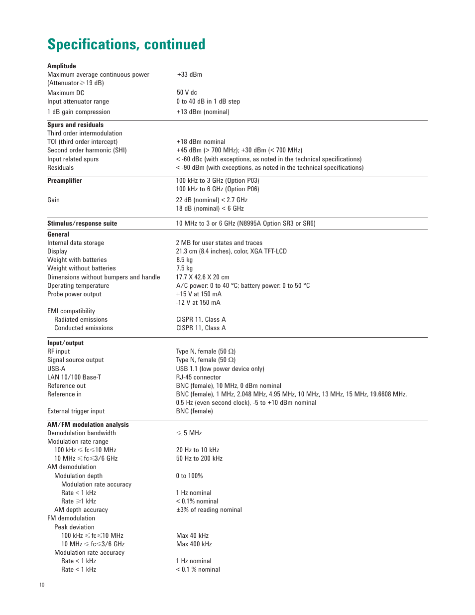 Specifications, continued | Atec Agilent-N1996A User Manual | Page 10 / 12