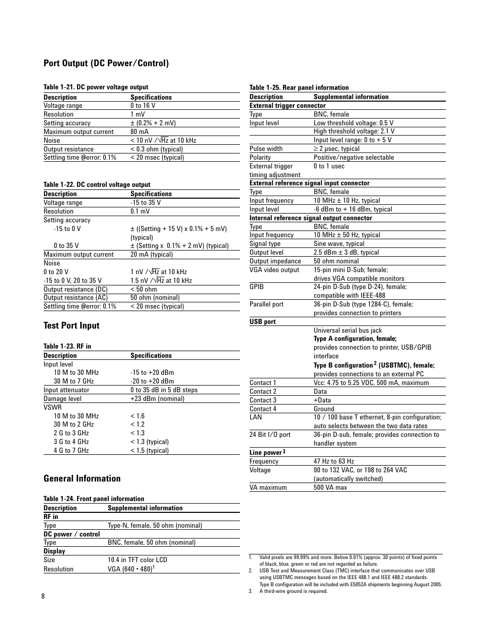 Port output (dc power/control), Test port input, General information | Atec Agilent-E5052A User Manual | Page 8 / 16