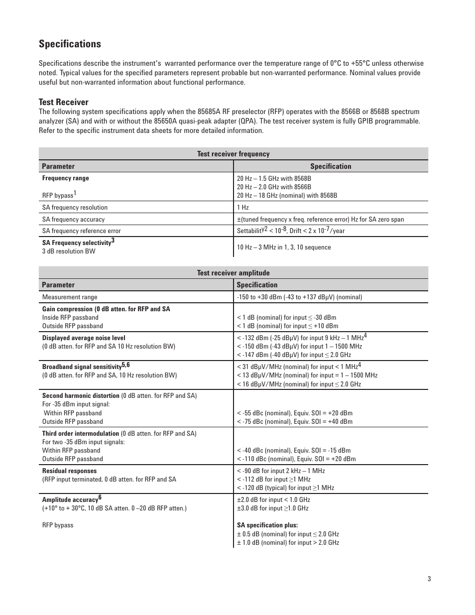 Specifications, Test receiver | Atec Agilent-8568b-8566b User Manual | Page 3 / 8