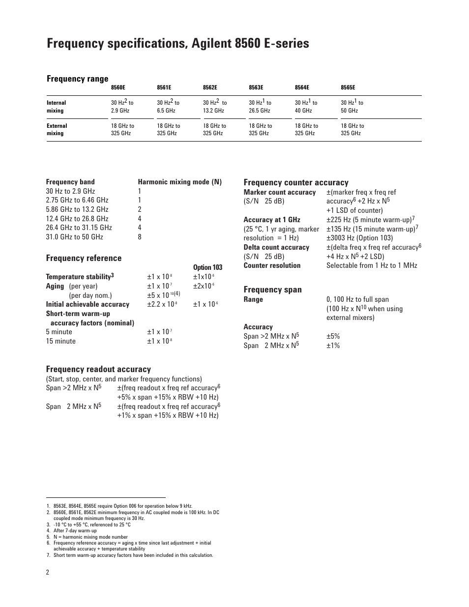 Frequency specifications, agilent 8560 e-series, Frequency reference, Frequency readout accuracy | Frequency counter accuracy, Frequency span, Frequency range | Atec Agilent-8564E User Manual | Page 2 / 12