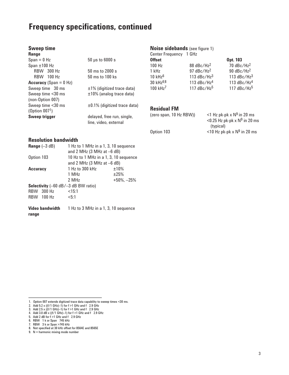 Frequency specifications, continued, Sweep time, Resolution bandwidth | Noise sidebands, Residual fm | Atec Agilent-8564E User Manual | Page 3 / 12