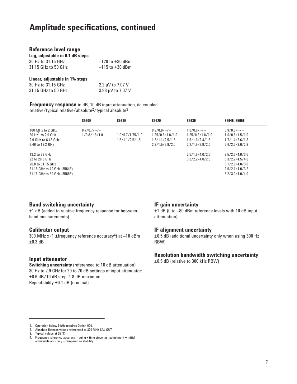 Amplitude specifications, continued, Reference level range, Band switching uncertainty | Calibrator output, Input attenuator, If gain uncertainty, If alignment uncertainty, Resolution bandwidth switching uncertainty, Frequency response | Atec Agilent-8564E User Manual | Page 7 / 12