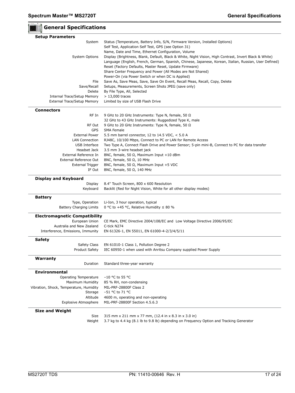 Spectrum master™ ms2720t general specifications, General specifications | Atec Anritsu-MT2720T User Manual | Page 17 / 24