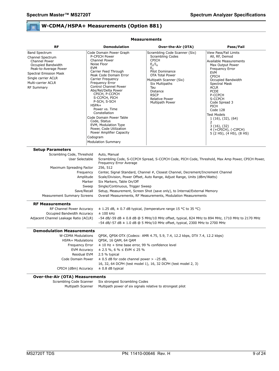 W-cdma/hspa+ measurements (option 881) | Atec Anritsu-MT2720T User Manual | Page 9 / 24