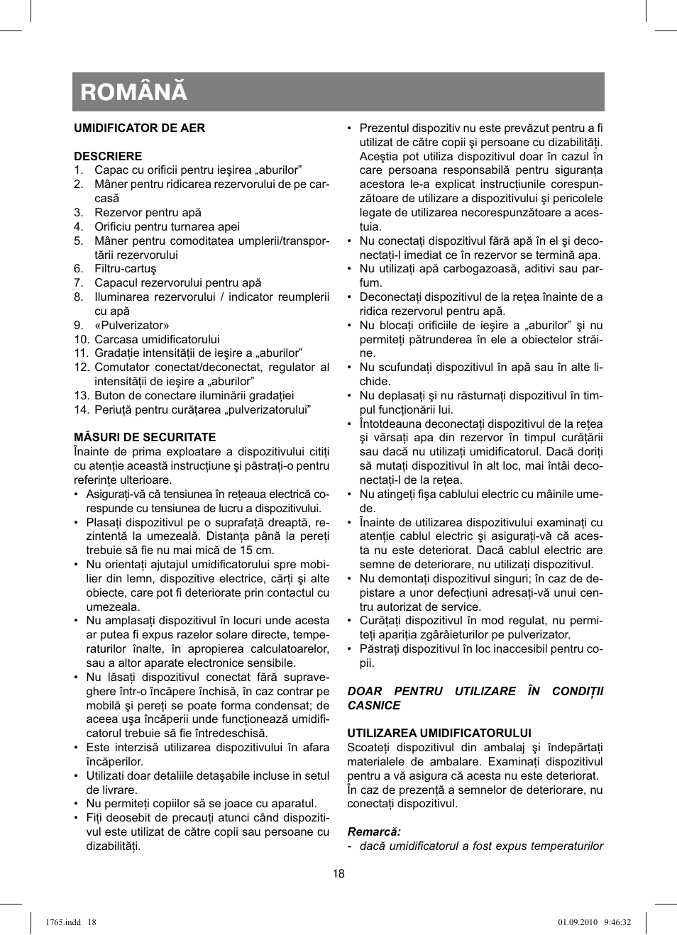 Română | Vitek VT-1765 User Manual | Page 18 / 36
