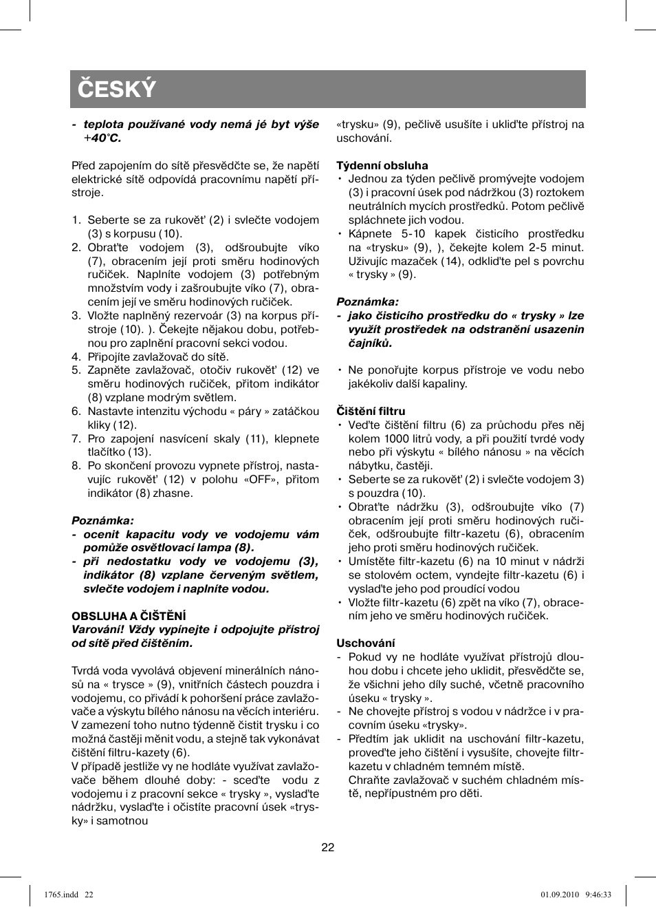 Český | Vitek VT-1765 User Manual | Page 22 / 36