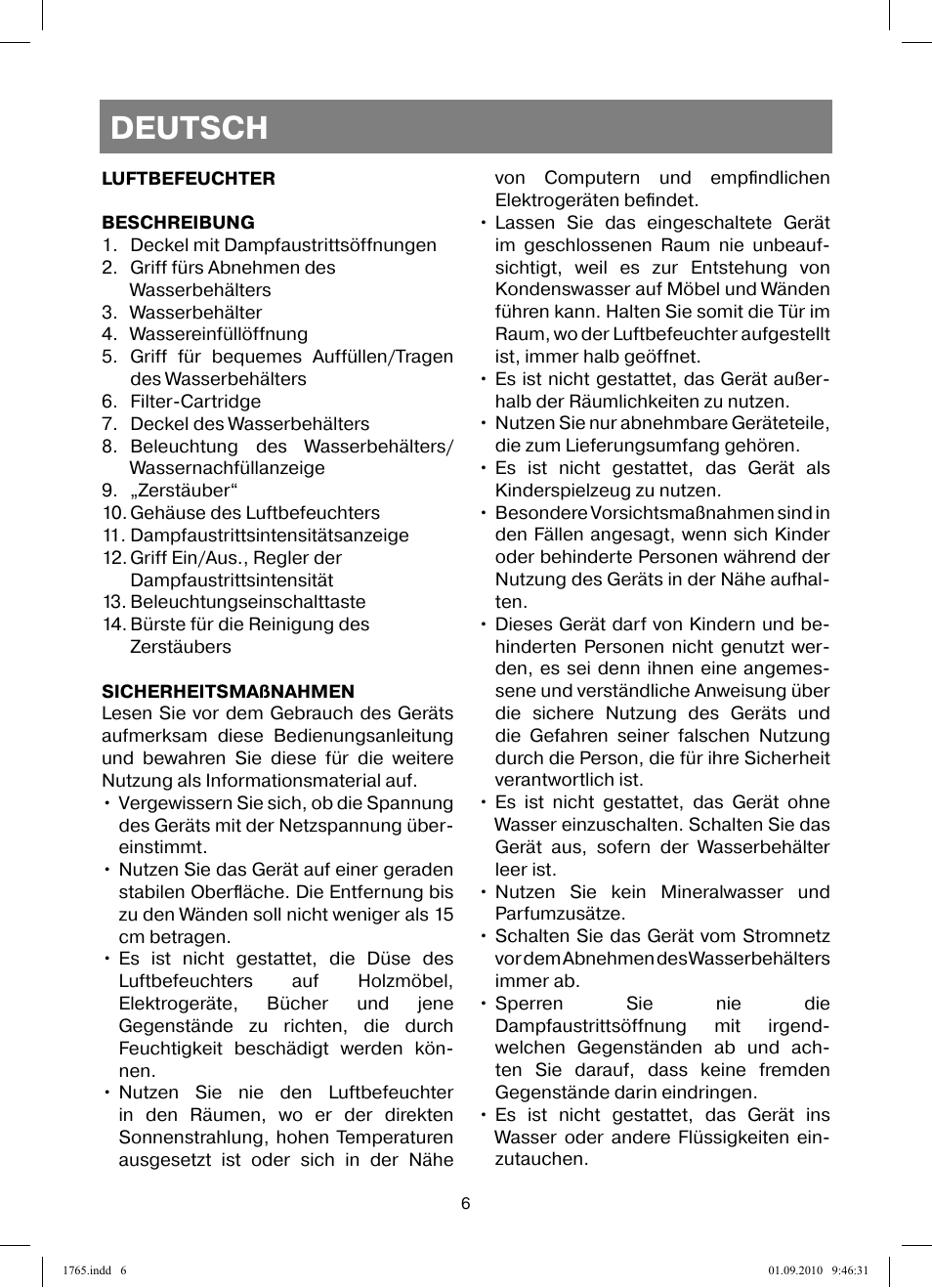 Deutsch | Vitek VT-1765 User Manual | Page 6 / 36