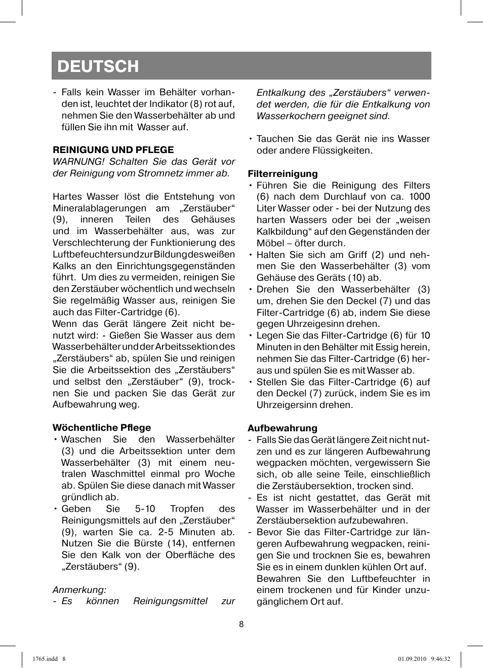 Deutsch | Vitek VT-1765 User Manual | Page 8 / 36