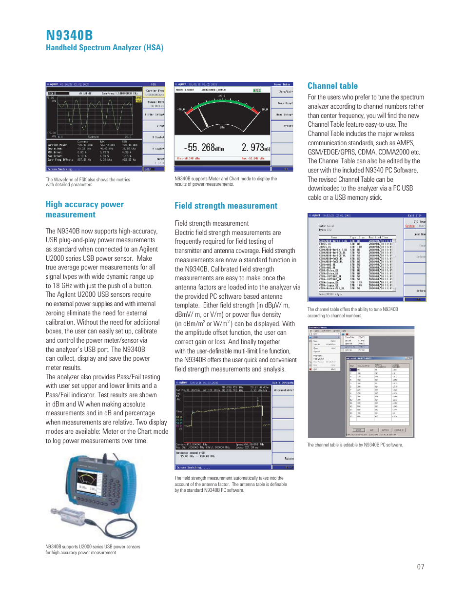 N9340b, High accuracy power measurement, Field strength measurement | Channel table | Atec Agilent-N9340B User Manual | Page 7 / 16