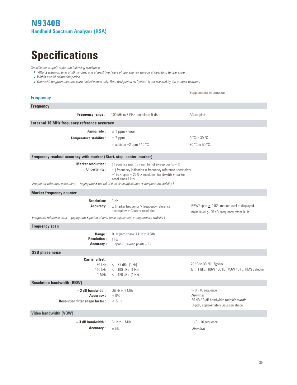 Specifications, N9340b | Atec Agilent-N9340B User Manual | Page 9 / 16