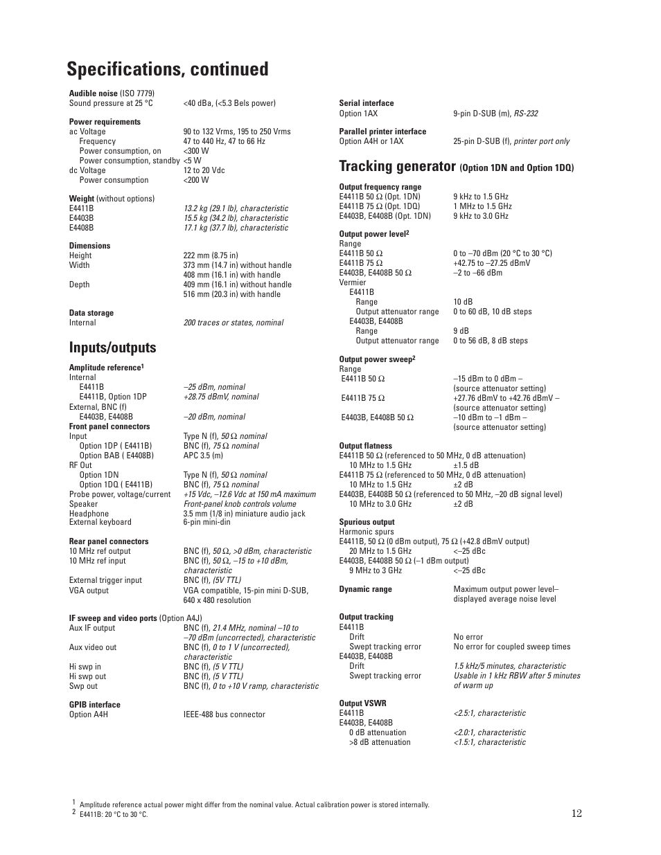 Specifications, continued, Inputs/outputs, Tracking generator | Atec Agilent-E4411B-03B-08B User Manual | Page 12 / 16