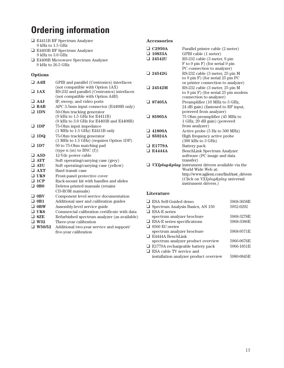Ordering information | Atec Agilent-E4411B-03B-08B User Manual | Page 13 / 16
