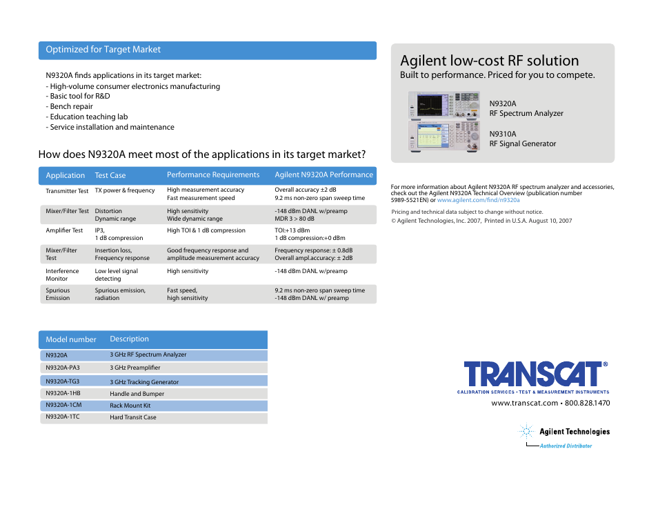 Agilent low-cost rf solution, Optimized for target market, Built to performance. priced for you to compete | Atec Agilent-N9320A User Manual | Page 2 / 2