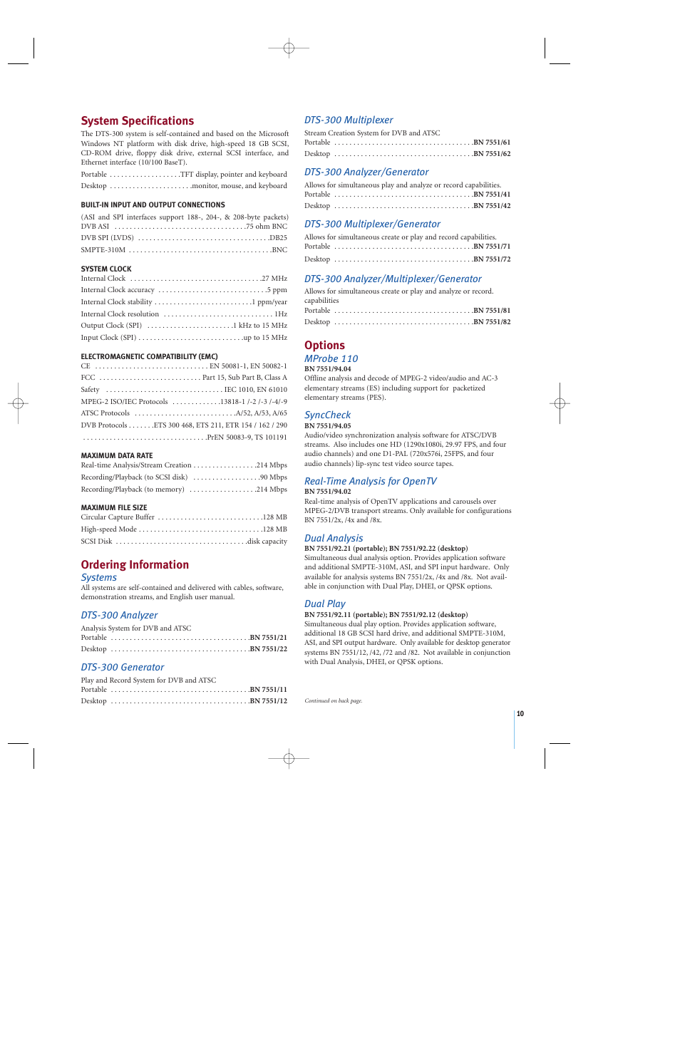 System specifications, Ordering information, Options | Atec Acterna-DTS300 User Manual | Page 11 / 12