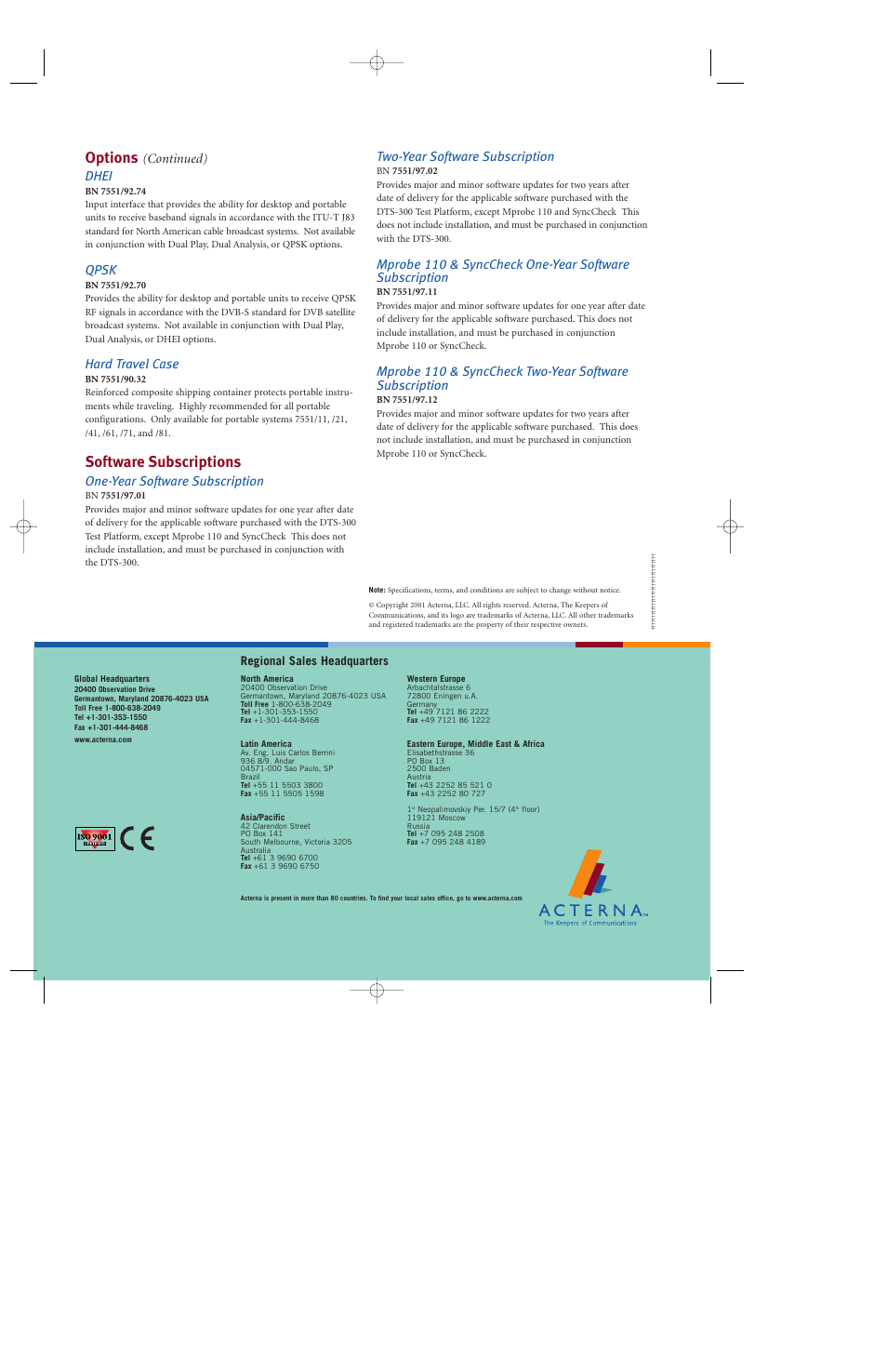 Options, Software subscriptions, Continued) dhei | Qpsk, Hard travel case, One-year software subscription, Two-year software subscription | Atec Acterna-DTS300 User Manual | Page 12 / 12