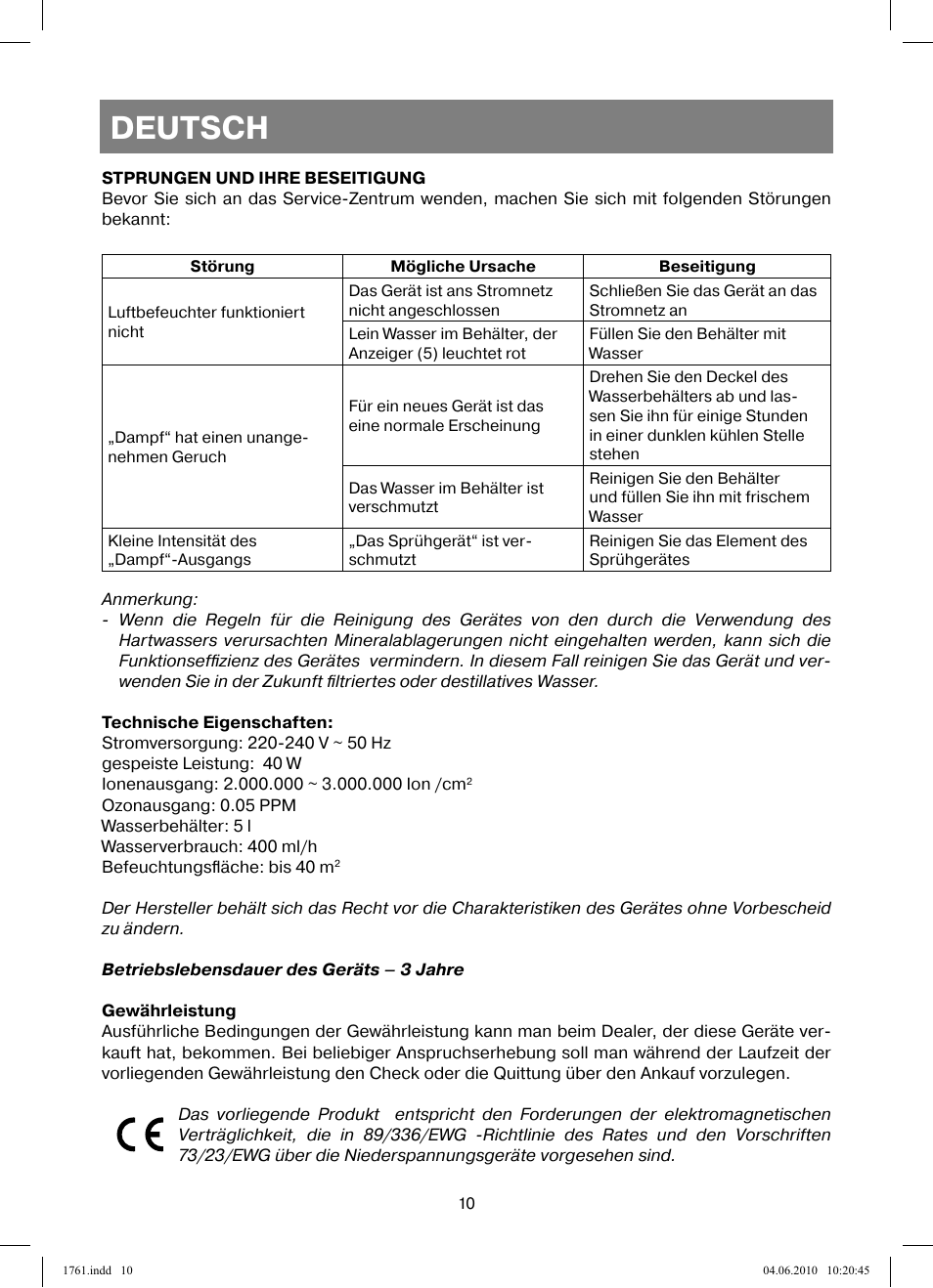 Deutsch | Vitek VT-1761 User Manual | Page 10 / 40