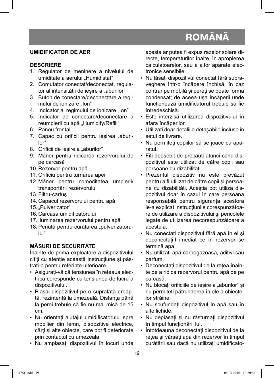 Română | Vitek VT-1761 User Manual | Page 19 / 40