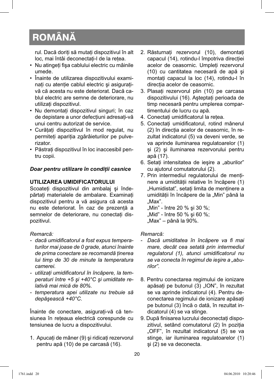 Română | Vitek VT-1761 User Manual | Page 20 / 40