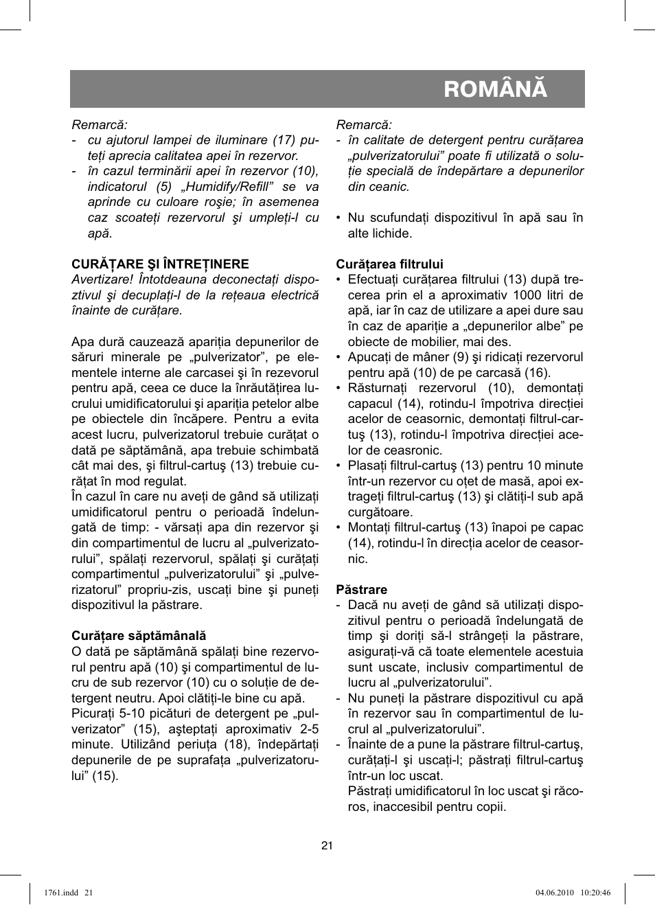 Română | Vitek VT-1761 User Manual | Page 21 / 40