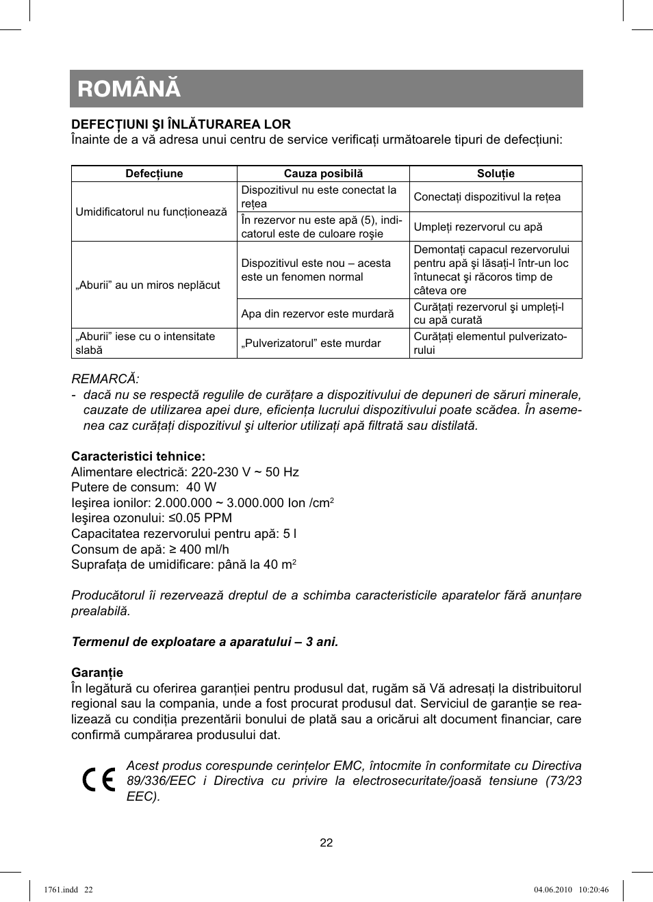 Română | Vitek VT-1761 User Manual | Page 22 / 40