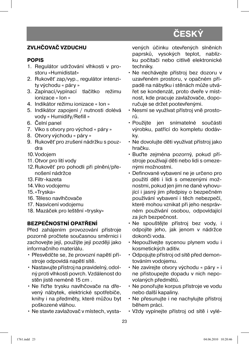 Český | Vitek VT-1761 User Manual | Page 23 / 40