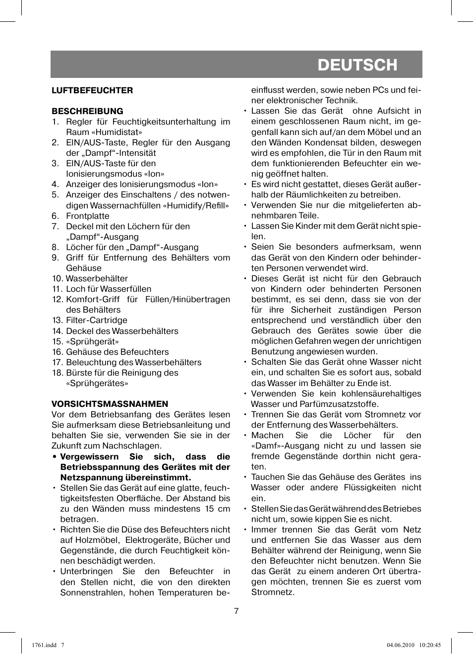 Deutsch | Vitek VT-1761 User Manual | Page 7 / 40