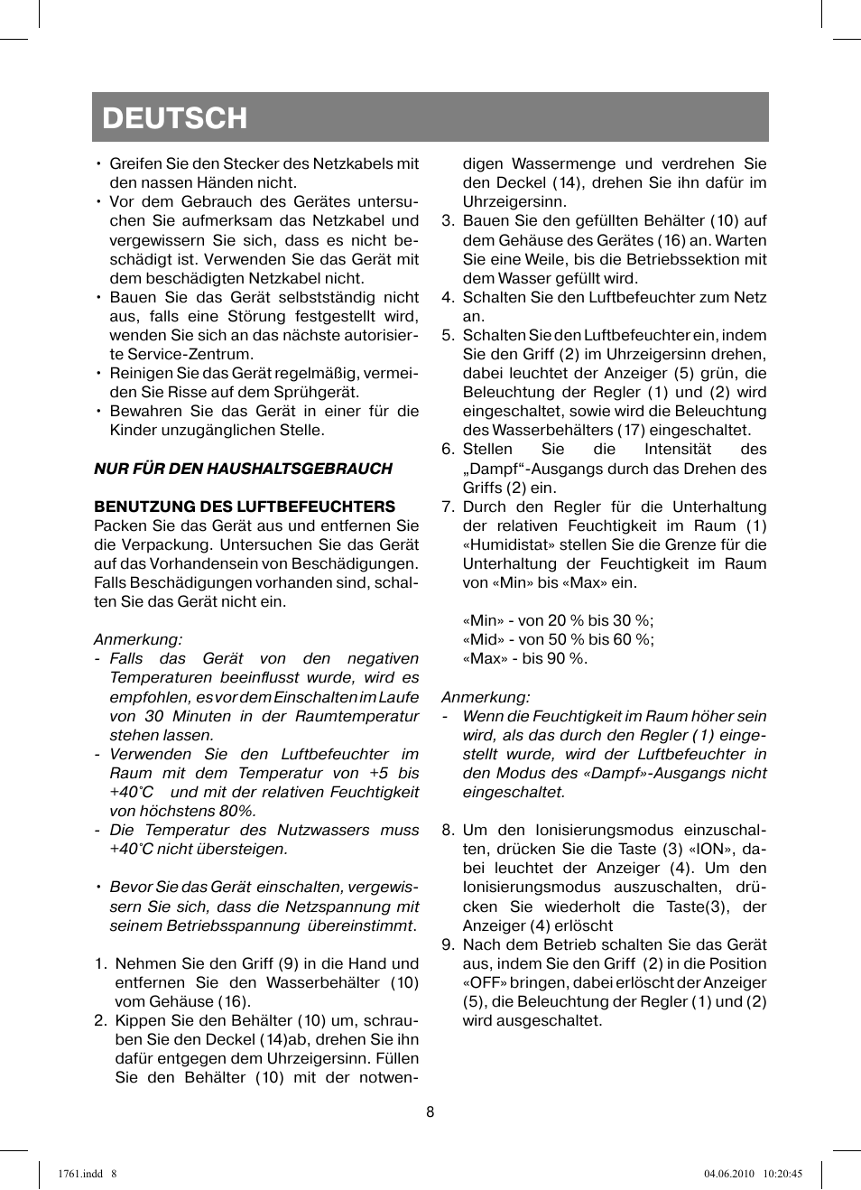 Deutsch | Vitek VT-1761 User Manual | Page 8 / 40