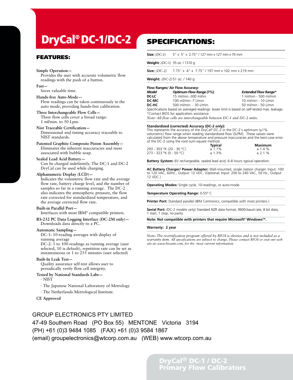 Dc-1/dc-2, Specifications, Drycal | Dc-1 / dc-2 primary flow calibrators, Features | Atec Bios-dc-1_dc-2 User Manual | Page 2 / 2