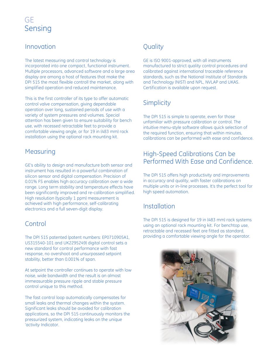 Ge sensing, Innovation, Measuring | Control, Quality, Simplicity, Installation | Atec Druck-DPI515-A,B2 User Manual | Page 2 / 8