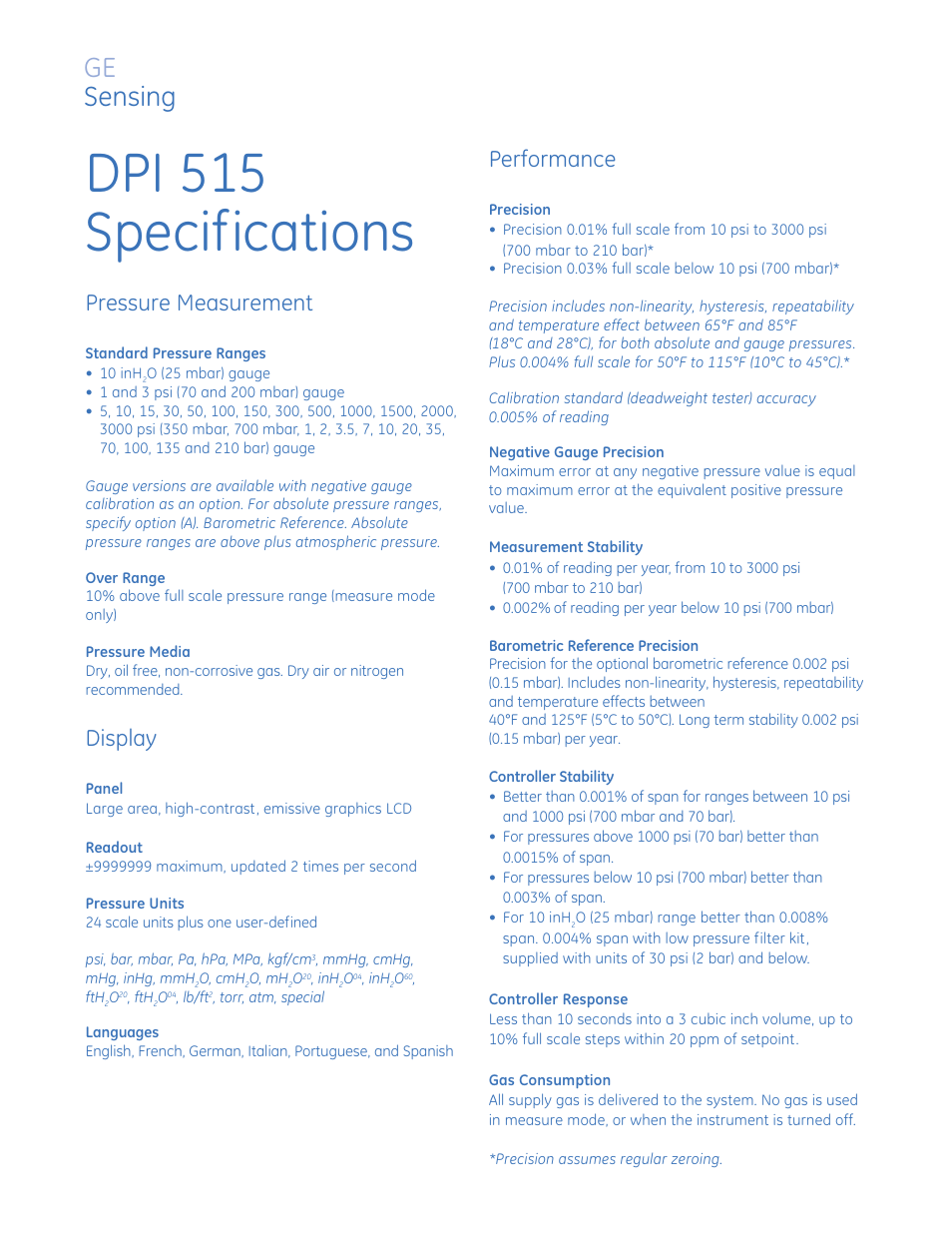 Dpi 515 specifications, Ge sensing, Pressure measurement | Display, Performance | Atec Druck-DPI515-A,B2 User Manual | Page 5 / 8