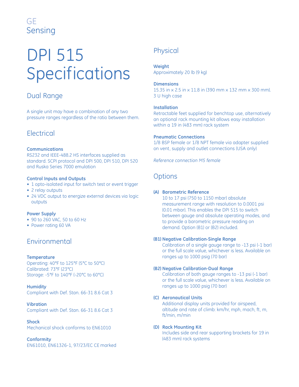 Dpi 515 specifications, Ge sensing, Dual range | Electrical, Environmental, Physical, Options | Atec Druck-DPI515-A,B2 User Manual | Page 6 / 8