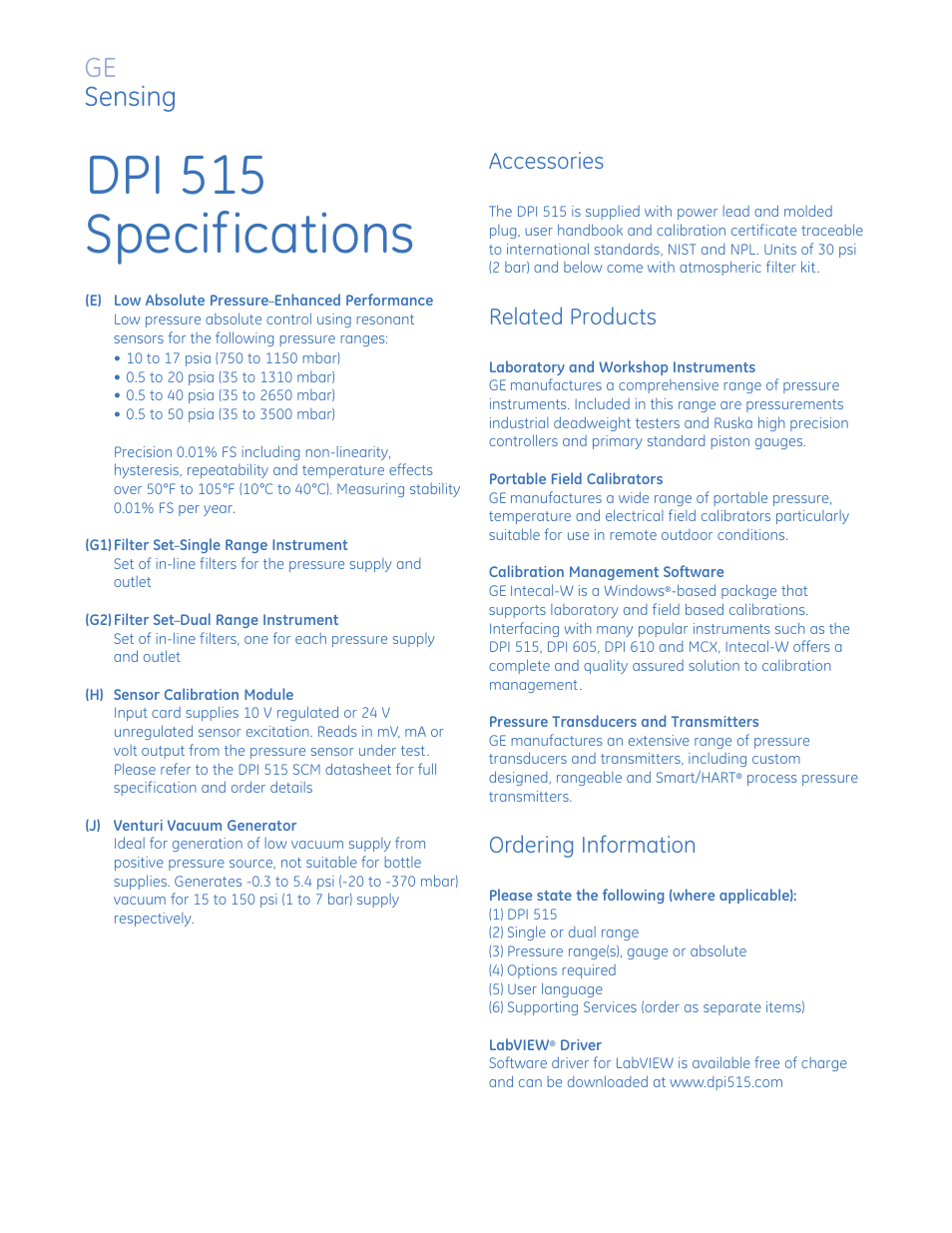 Dpi 515 specifications, Ge sensing, Accessories | Related products, Ordering information | Atec Druck-DPI515-A,B2 User Manual | Page 7 / 8