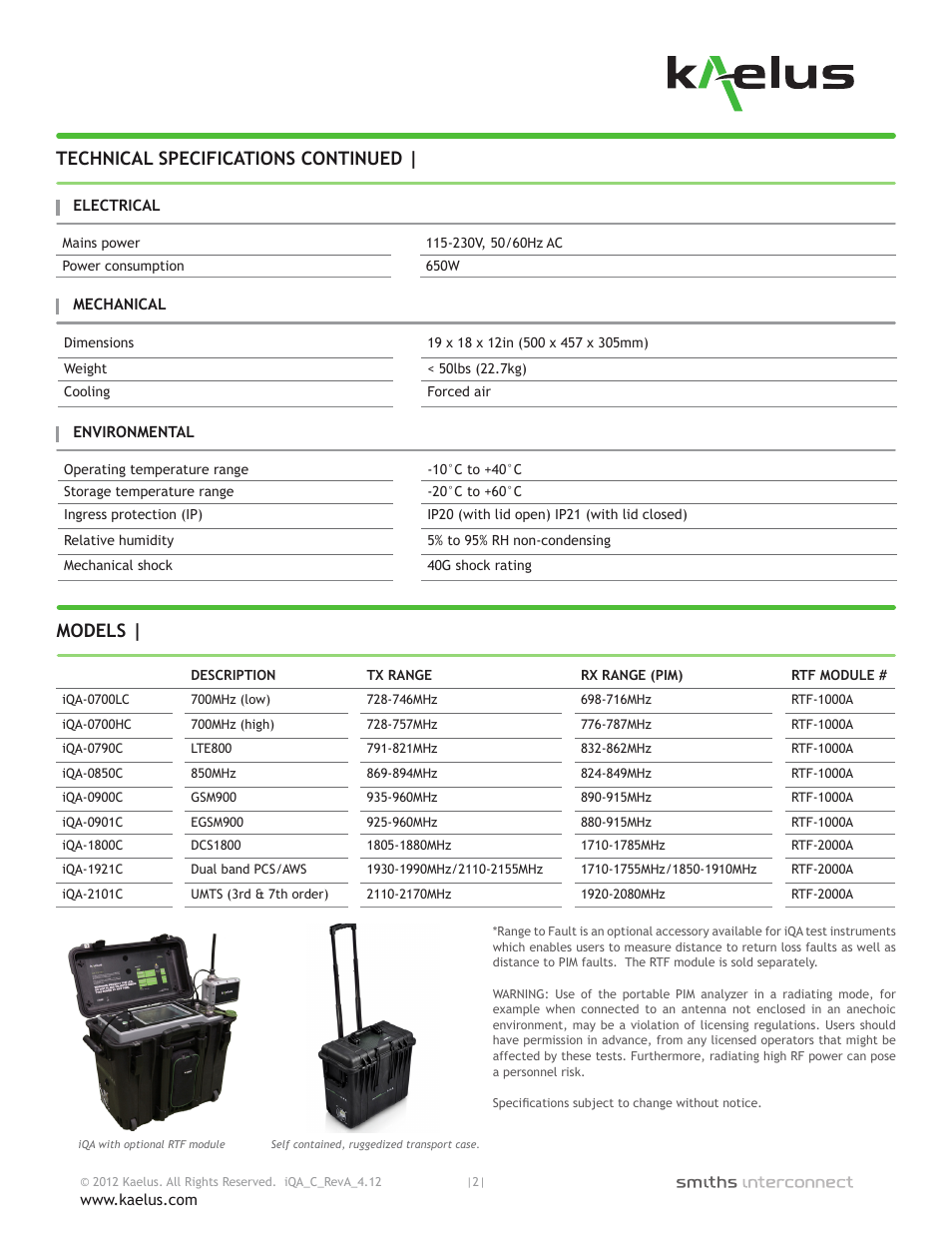 Technical specifications continued, Models | Atec Kaelus-IQA Series User Manual | Page 2 / 2