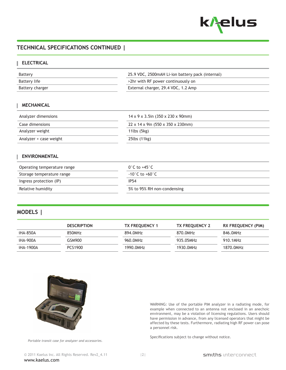 Technical specifications continued, Models | Atec Kaelus-IHA Series User Manual | Page 2 / 2