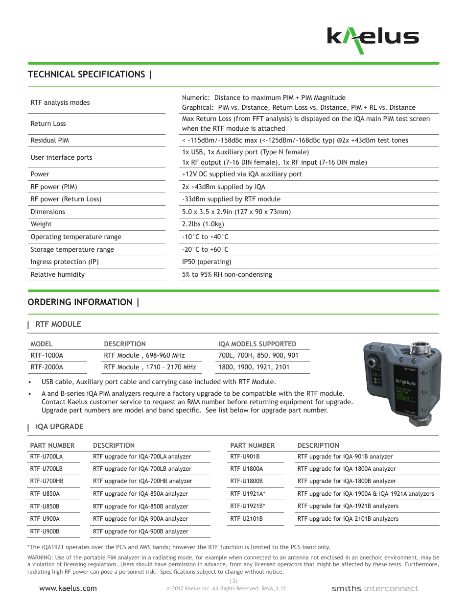 Technical specifications, Ordering information | Atec Kaelus-RTF Series User Manual | Page 3 / 3