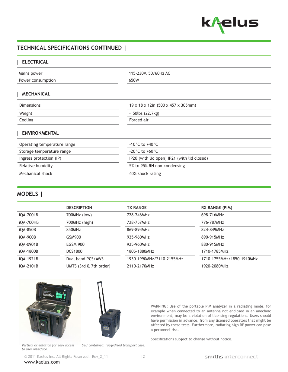 Technical specifications continued, Models | Atec Kaelus-iQA-B Series User Manual | Page 2 / 2