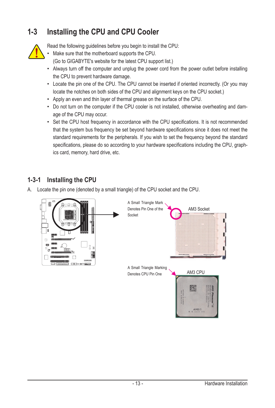 3 installing the cpu and cpu cooler, 3-1 installing the cpu | GIGABYTE GA-MA790GPT-UD3H User Manual | Page 13 / 104