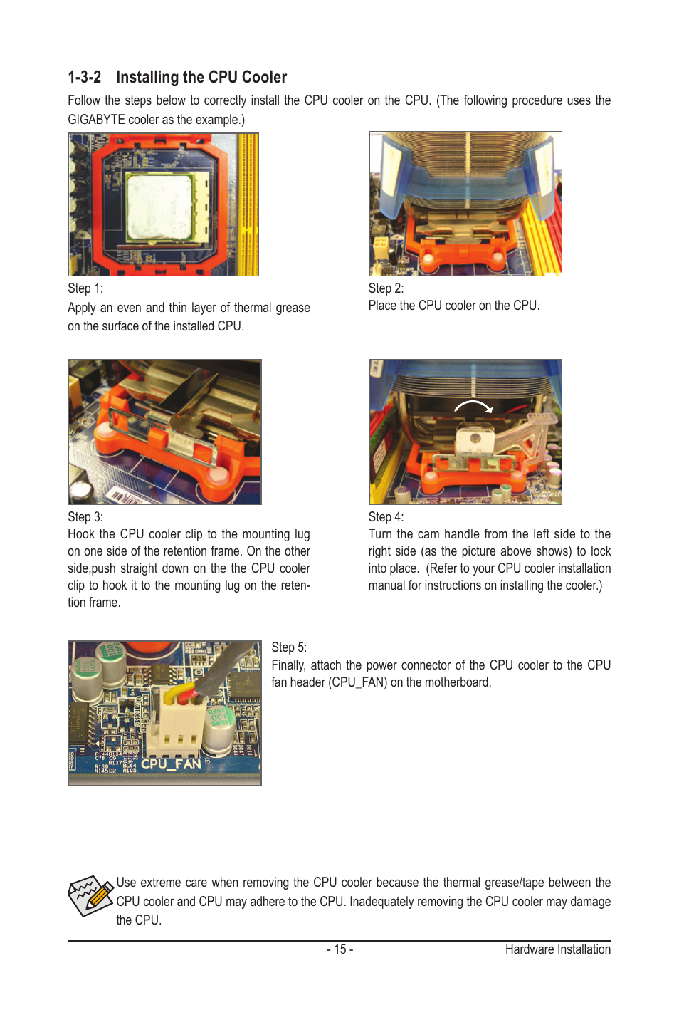 3-2 installing the cpu cooler | GIGABYTE GA-MA790GPT-UD3H User Manual | Page 15 / 104