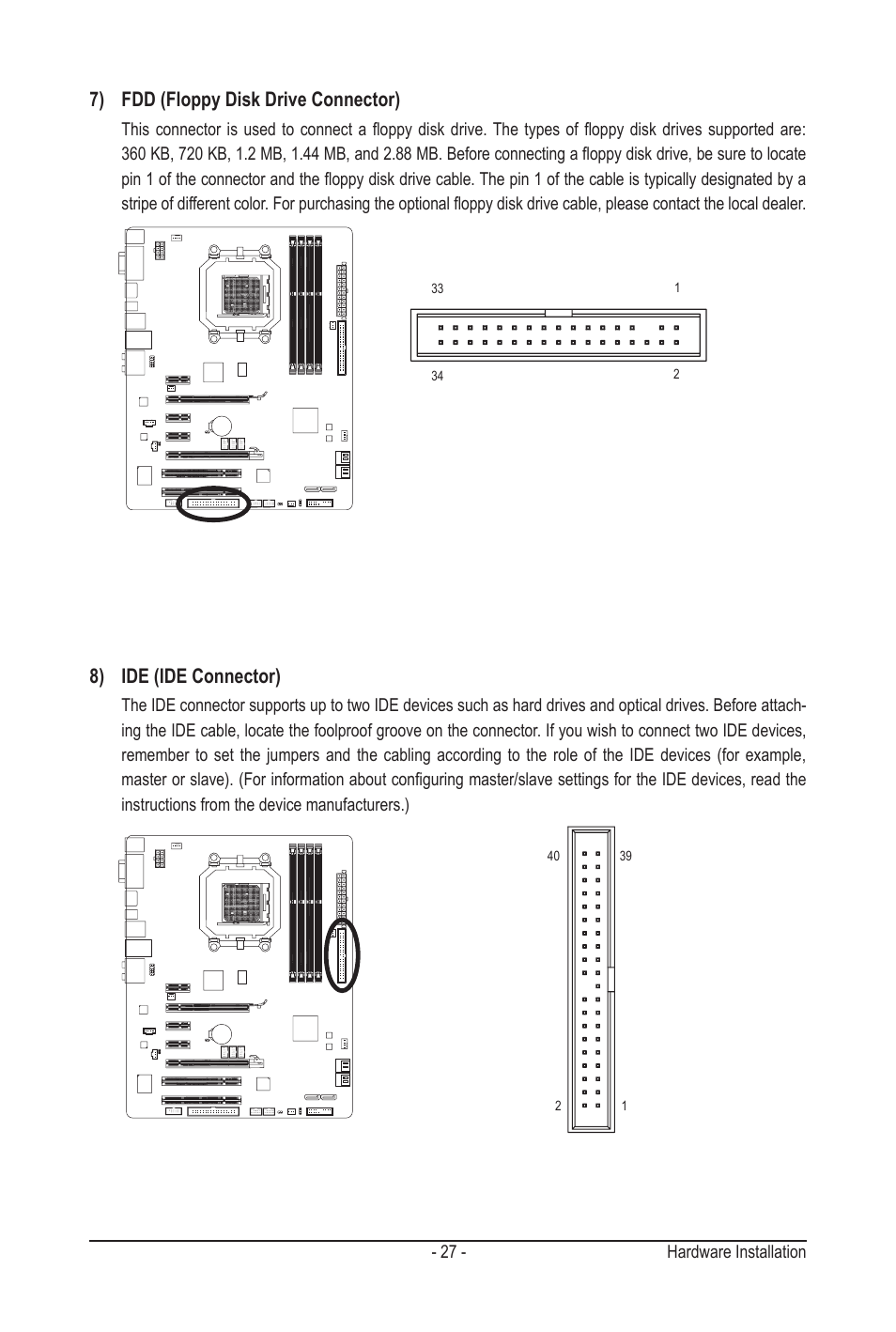 8) ide (ide connector), 7) fdd (floppy disk drive connector) | GIGABYTE GA-MA790GPT-UD3H User Manual | Page 27 / 104