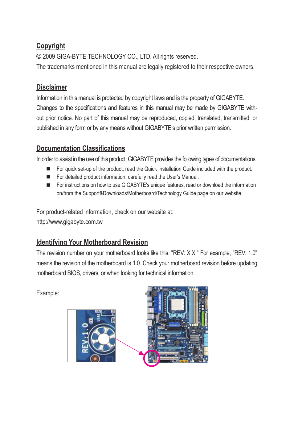 Copyright, Disclaimer, Documentation classifications | Identifying your motherboard revision | GIGABYTE GA-MA790GPT-UD3H User Manual | Page 3 / 104