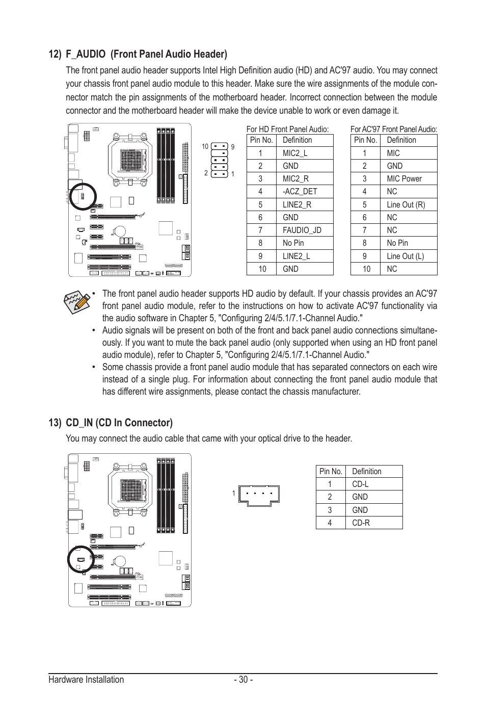 12) f_audio (front panel audio header), 13) cd_in (cd in connector) | GIGABYTE GA-MA790GPT-UD3H User Manual | Page 30 / 104