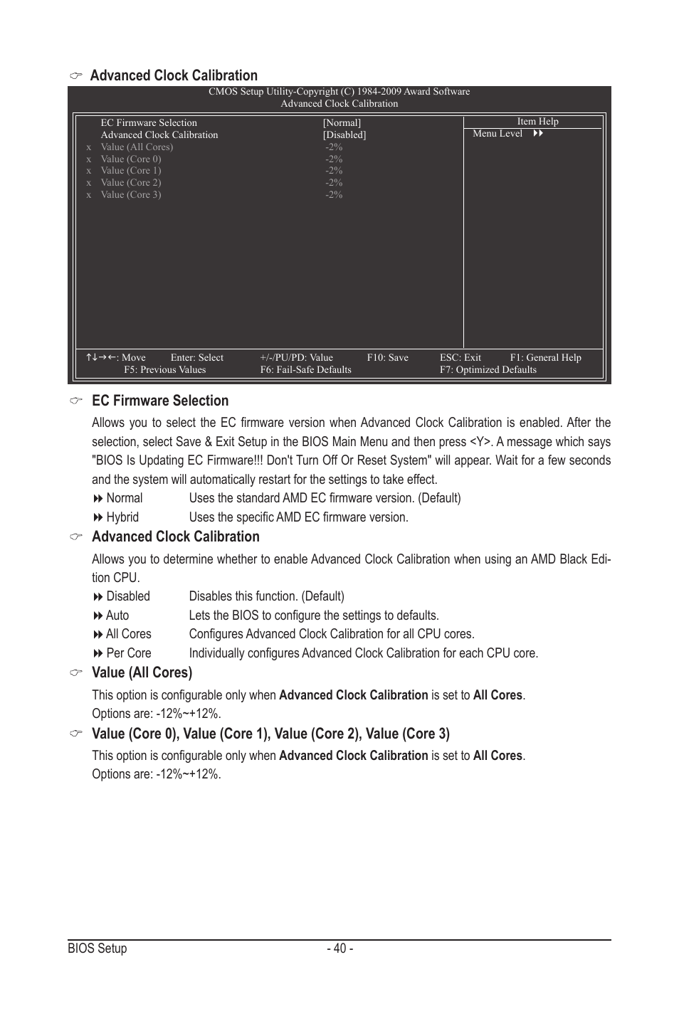 Advanced clock calibration ec firmware selection, Advanced clock calibration, Value (all cores) | GIGABYTE GA-MA790GPT-UD3H User Manual | Page 40 / 104