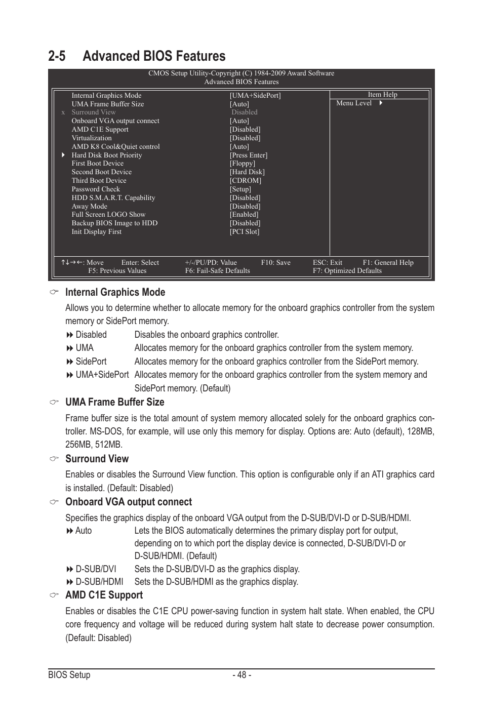 5 advanced bios features, Internal graphics mode, Uma frame buffer size | Surround view, Onboard vga output connect, Amd c1e support | GIGABYTE GA-MA790GPT-UD3H User Manual | Page 48 / 104
