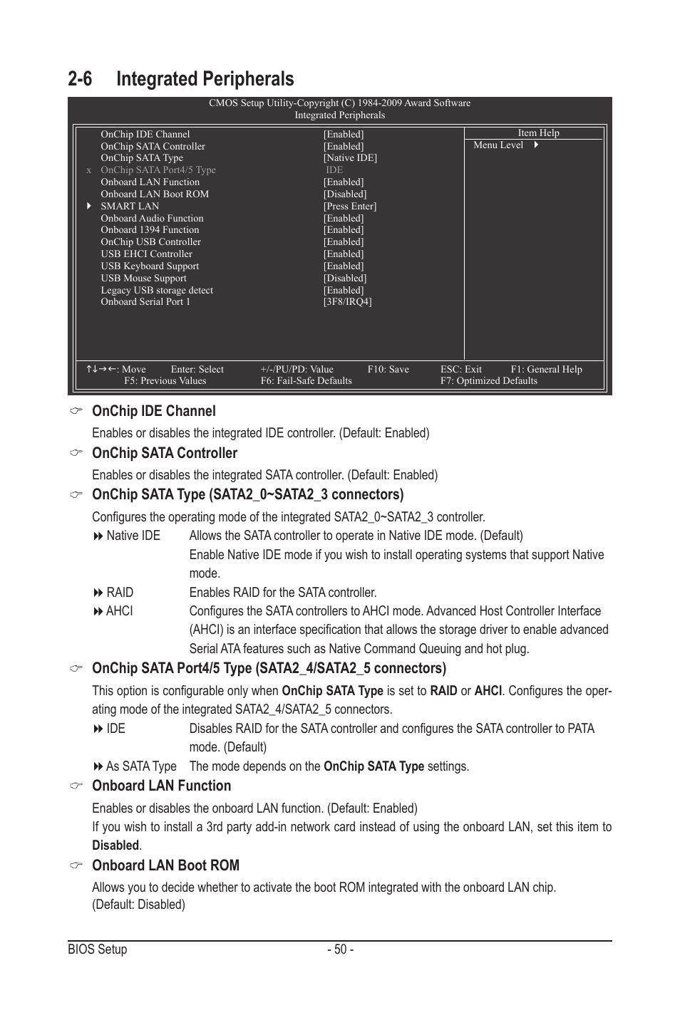 6 integrated peripherals, Onchip ide channel, Onchip sata controller | Onchip sata type (sata2_0~sata2_3 connectors), Onboard lan function, Onboard lan boot rom | GIGABYTE GA-MA790GPT-UD3H User Manual | Page 50 / 104