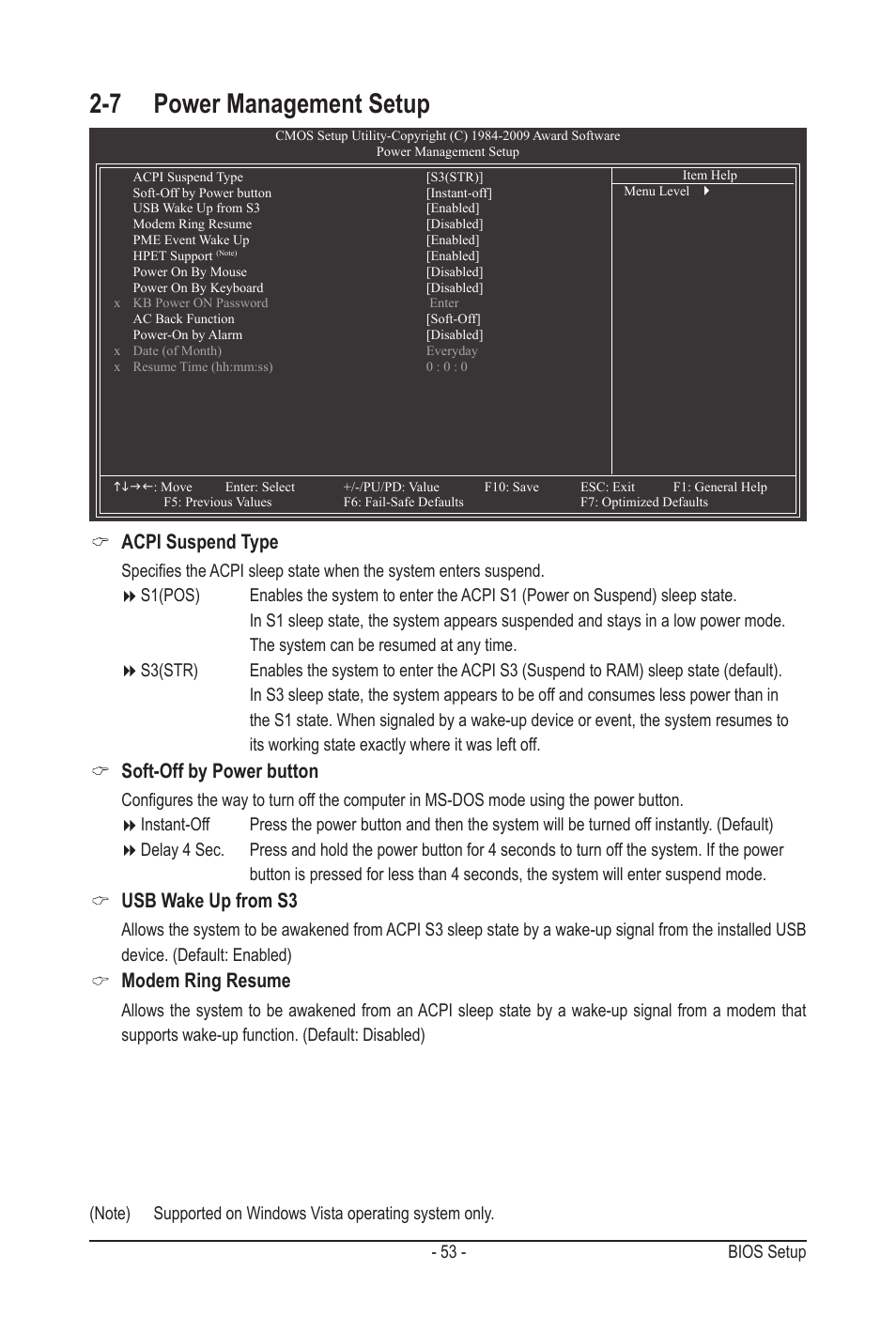 7 power management setup, Acpi suspend type, Soft-off by power button | Usb wake up from s3, Modem ring resume | GIGABYTE GA-MA790GPT-UD3H User Manual | Page 53 / 104